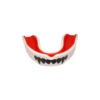 White and red martial arts mouthguard featuring a black vampire fangs design for sparring protection.