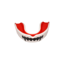 White and red martial arts mouthguard featuring a black vampire fangs design for sparring protection.