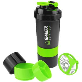 Black and neon green protein shaker bottle with detachable supplement storage compartments and a stainless steel mixing whisk ball.