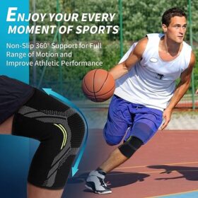 Athletic knee compression sleeve for sports, shown on a basketball player to demonstrate non-slip 360-degree support and full range of motion.
