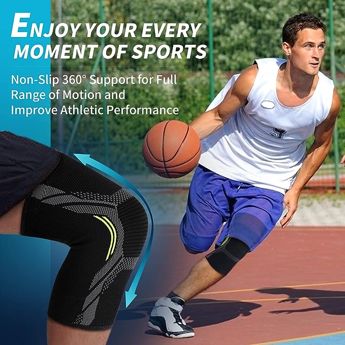711FfjI2g1L._AC_SX679_ Athletic knee compression sleeve for sports, shown on a basketball player to demonstrate non-slip 360-degree support and full range of motion.