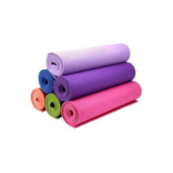 Stack of rolled colorful TPE yoga mats in purple, pink, and green for fitness and floor exercises - IKL Store.