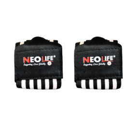 Pair of black NeoLife professional weightlifting wrist wraps with white striped support bands