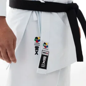 SMAI Kaminari X Karate Gi featuring WKF Approved labels and black belt, professional-grade kata uniform.