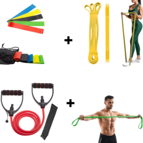 Complete home workout fitness set featuring mini loop bands, long power bands, and a resistance tube with foam handles