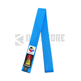 Official blue SMAI karate competition belt featuring the WKF approved label for professional martial arts