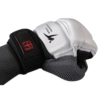 IKL Store white and black Taekwondo sparring gloves with padded knuckles and secure wrist support strap for martial arts.