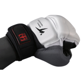 IKL Store white and black Taekwondo sparring gloves with padded knuckles and secure wrist support strap for martial arts.