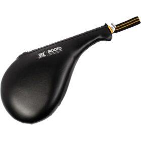Black Mooto brand single kicking target paddle with wrist strap for speed and precision training.