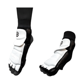 IKL Store white and black Taekwondo foot protectors with padded instep guard and elastic ankle support sleeve for martial arts sparring.