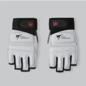 Mooto WT Approved Taekwondo Sparring Gloves in white and black, featuring the World Taekwondo logo and adjustable wrist straps