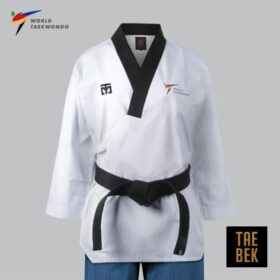 IKL Store white Taekwondo uniform dobok with a black V-neck collar, official World Taekwondo logo, and black belt for martial arts training.