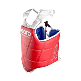 IKL Store red and blue reversible Taekwondo chest protector hogu with padded shoulder straps for martial arts body protection.