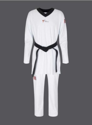 Mooto World Taekwondo (WT) Approved Basic Karate and Taekwondo Uniform, white dobok with black v-neck collar and black belt on a grey background