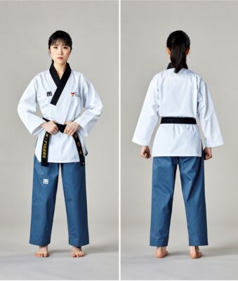 Mooto Taebek Poomsae Uniform for Female Dan, featuring a white jacket with a black collar and blue pants, WT approved for Taekwondo competition.