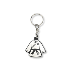 Miniature white karate uniform keychain with a black belt and IKL Store branding