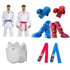 Professional Taekwondo sparring set featuring athletes in white uniforms with red and blue belts, protective chest guards, shin protectors, and matching hand mitts