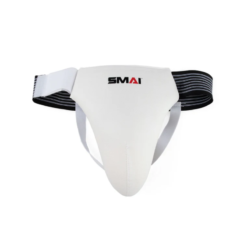 White SMAI martial arts groin guard with a striped black and white elastic waistband for training protection.