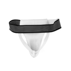 White female groin guard for martial arts sparring with black elastic waistband and protective padding - IKL Store.